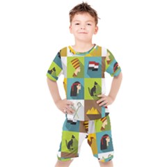 Egypt Travel Items Icons Set Flat Style Kids  T-shirt And Shorts Set by Bedest