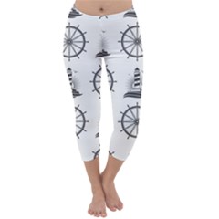 Marine Nautical Seamless Pattern With Vintage Lighthouse Wheel Capri Winter Leggings 