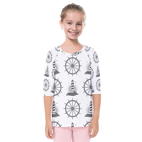 Marine Nautical Seamless Pattern With Vintage Lighthouse Wheel Kids  Quarter Sleeve Raglan T-shirt by Bedest