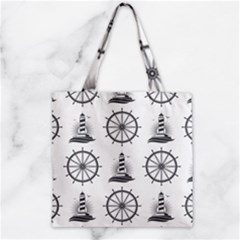 Marine Nautical Seamless Pattern With Vintage Lighthouse Wheel Zipper Grocery Tote Bag