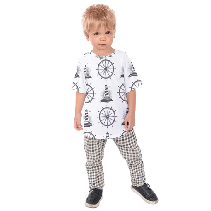 Marine Nautical Seamless Pattern With Vintage Lighthouse Wheel Kids  Raglan T-Shirt