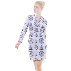 Marine Nautical Seamless Pattern With Vintage Lighthouse Wheel Button Long Sleeve Dress