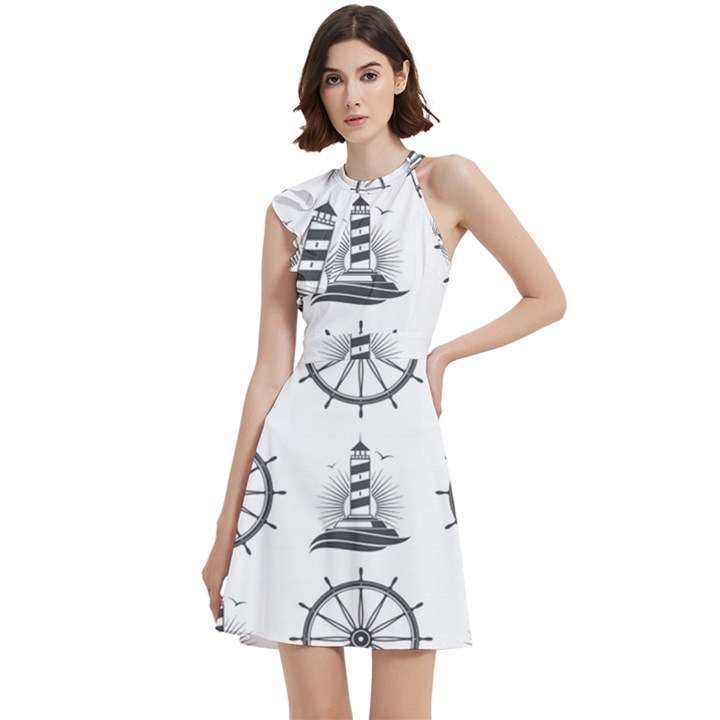 Marine Nautical Seamless Pattern With Vintage Lighthouse Wheel Cocktail Party Halter Sleeveless Dress With Pockets