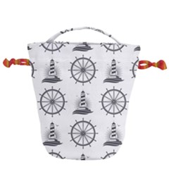 Marine Nautical Seamless Pattern With Vintage Lighthouse Wheel Drawstring Bucket Bag