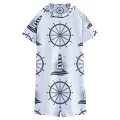 Marine Nautical Seamless Pattern With Vintage Lighthouse Wheel Kids  Boyleg Half Suit Swimwear