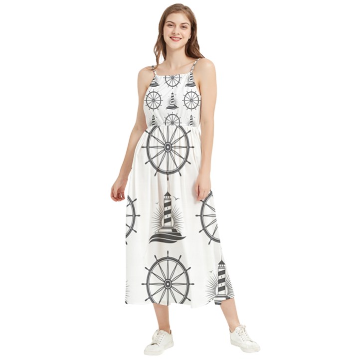 Marine Nautical Seamless Pattern With Vintage Lighthouse Wheel Boho Sleeveless Summer Dress