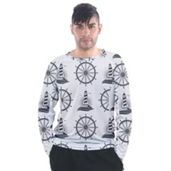 Marine Nautical Seamless Pattern With Vintage Lighthouse Wheel Men s Long Sleeve Raglan T-Shirt