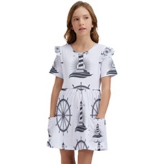 Marine Nautical Seamless Pattern With Vintage Lighthouse Wheel Kids  Frilly Sleeves Pocket Dress by Bedest