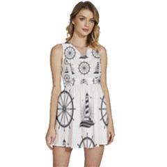 Marine Nautical Seamless Pattern With Vintage Lighthouse Wheel Sleeveless High Waist Mini Dress