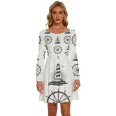 Marine Nautical Seamless Pattern With Vintage Lighthouse Wheel Long Sleeve Wide Neck Velvet Dress