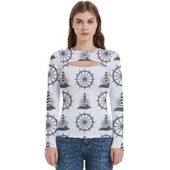 Marine Nautical Seamless Pattern With Vintage Lighthouse Wheel Women s Cut Out Long Sleeve T-shirt by Bedest