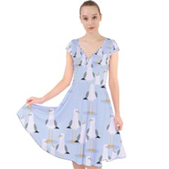 Cute Seagulls Seamless Pattern Light Blue Background Cap Sleeve Front Wrap Midi Dress by Bedest