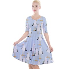 Cute Seagulls Seamless Pattern Light Blue Background Quarter Sleeve A-line Dress by Bedest