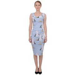 Cute Seagulls Seamless Pattern Light Blue Background Sleeveless Pencil Dress