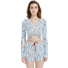 Cute Seagulls Seamless Pattern Light Blue Background Velvet Wrap Crop Top And Shorts Set by Bedest