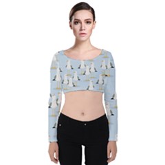 Cute Seagulls Seamless Pattern Light Blue Background Velvet Long Sleeve Crop Top by Bedest