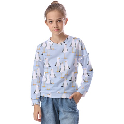 Cute Seagulls Seamless Pattern Light Blue Background Kids  Long Sleeve T-shirt With Frill  by Bedest