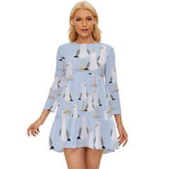 Cute Seagulls Seamless Pattern Light Blue Background Long Sleeve Babydoll Dress by Bedest