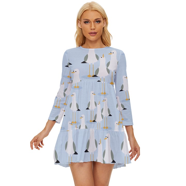 Cute Seagulls Seamless Pattern Light Blue Background Long Sleeve Babydoll Dress