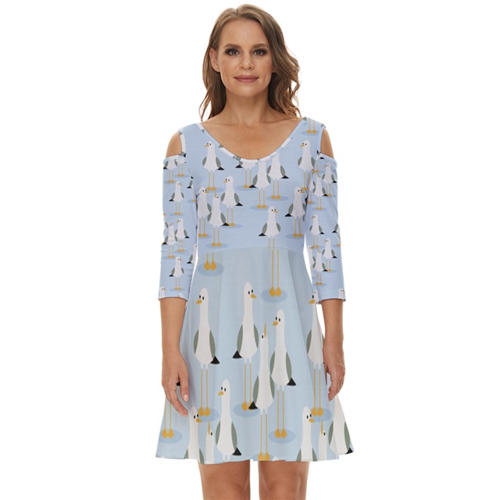 Cute Seagulls Seamless Pattern Light Blue Background Shoulder Cut Out Zip Up Dress