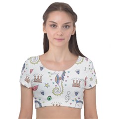 Seamless Pattern Cute Unicorn Cartoon Hand Drawn Velvet Short Sleeve Crop Top  by Bedest