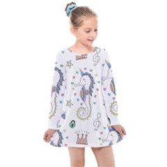 Seamless Pattern Cute Unicorn Cartoon Hand Drawn Kids  Long Sleeve Dress by Bedest