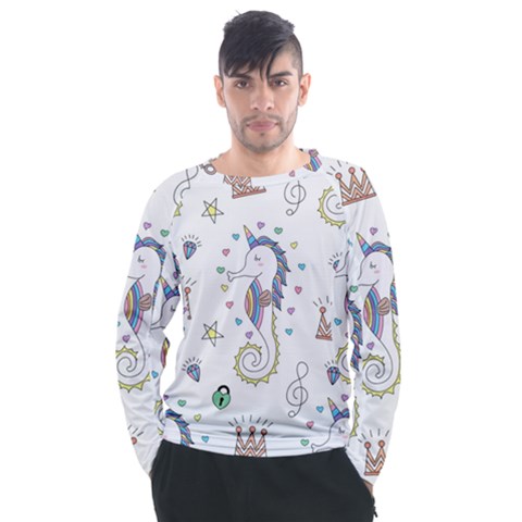 Seamless Pattern Cute Unicorn Cartoon Hand Drawn Men s Long Sleeve Raglan T-shirt by Bedest