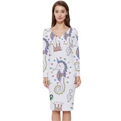 Seamless Pattern Cute Unicorn Cartoon Hand Drawn Long Sleeve V-neck Bodycon Dress  by Bedest