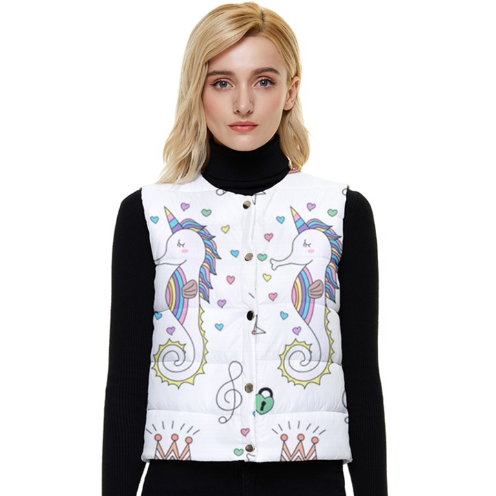 Seamless Pattern Cute Unicorn Cartoon Hand Drawn Women s Button Up Puffer Vest