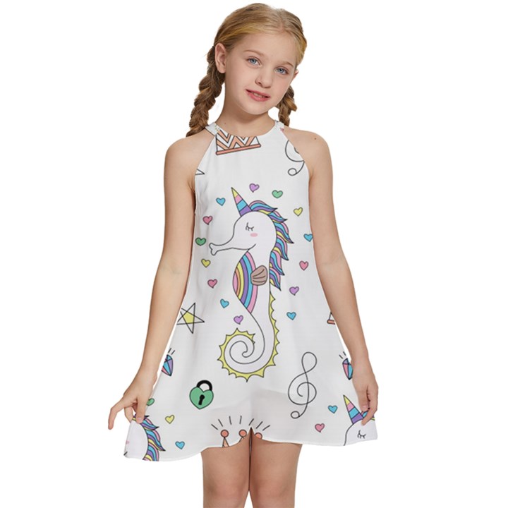 Seamless Pattern Cute Unicorn Cartoon Hand Drawn Kids  Halter Collar Waist Tie Chiffon Dress