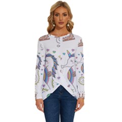 Seamless Pattern Cute Unicorn Cartoon Hand Drawn Long Sleeve Crew Neck Pullover Top by Bedest