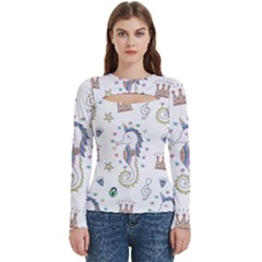 Seamless Pattern Cute Unicorn Cartoon Hand Drawn Women s Cut Out Long Sleeve T-shirt by Bedest