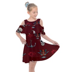 Tattoo Old School Background Pattern Kids  Shoulder Cutout Chiffon Dress by Bedest