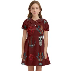 Tattoo Old School Background Pattern Kids  Bow Tie Puff Sleeve Dress by Bedest