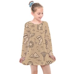 Egyptian Seamless Pattern Symbols Landmarks Signs Egypt Kids  Long Sleeve Dress by Bedest