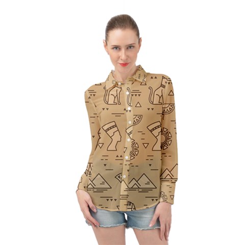 Egyptian Seamless Pattern Symbols Landmarks Signs Egypt Long Sleeve Chiffon Shirt by Bedest