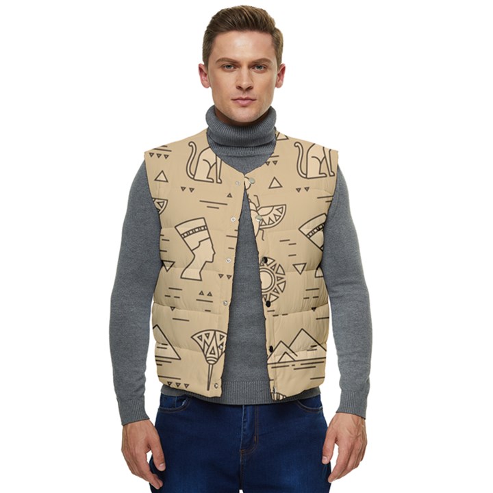 Egyptian Seamless Pattern Symbols Landmarks Signs Egypt Men s Button Up Puffer Vest	