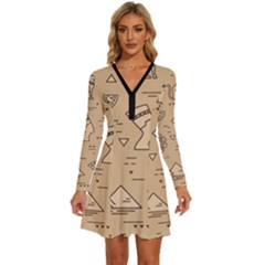 Egyptian Seamless Pattern Symbols Landmarks Signs Egypt Long Sleeve Deep V Mini Dress  by Bedest