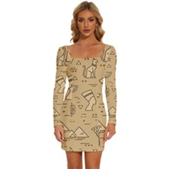 Egyptian Seamless Pattern Symbols Landmarks Signs Egypt Long Sleeve Square Neck Bodycon Velvet Dress by Bedest