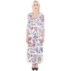 Fantasy Things Doodle Style Vector Illustration Quarter Sleeve Wrap Maxi Dress by Bedest