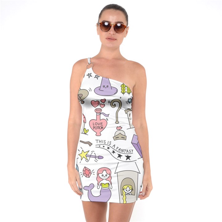 Fantasy Things Doodle Style Vector Illustration One Shoulder Ring Trim Bodycon Dress