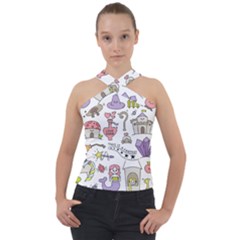 Fantasy Things Doodle Style Vector Illustration Cross Neck Velour Top by Bedest