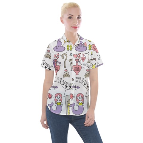 Fantasy Things Doodle Style Vector Illustration Women s Short Sleeve Pocket Shirt by Bedest