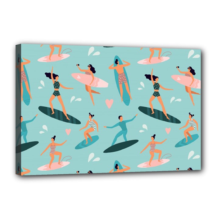 Beach Surfing Surfers With Surfboards Surfer Rides Wave Summer Outdoors Surfboards Seamless Pattern Canvas 18  x 12  (Stretched)