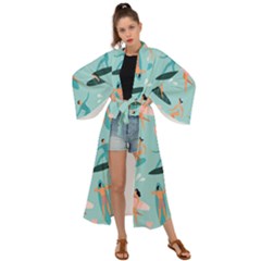 Beach Surfing Surfers With Surfboards Surfer Rides Wave Summer Outdoors Surfboards Seamless Pattern Maxi Kimono by Bedest