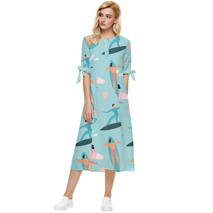 Beach Surfing Surfers With Surfboards Surfer Rides Wave Summer Outdoors Surfboards Seamless Pattern Bow Sleeve Chiffon Midi Dress