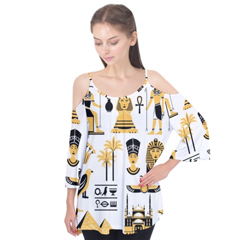 Egypt Symbols Decorative Icons Set Flutter Sleeve T-shirt  by Bedest