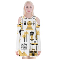 Egypt Symbols Decorative Icons Set Velvet Long Sleeve Shoulder Cutout Dress by Bedest