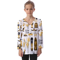 Egypt Symbols Decorative Icons Set Kids  V Neck Casual Top by Bedest