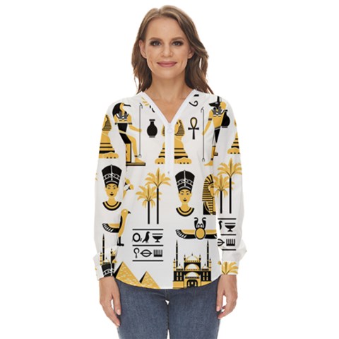 Egypt Symbols Decorative Icons Set Zip Up Long Sleeve Blouse by Bedest